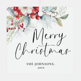 モダンGreenery Christmas Script Family Photo メタルオーナメント