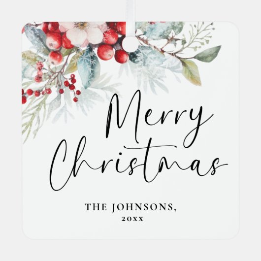 モダンGreenery Christmas Script Family Photo メタルオーナメント (正面)