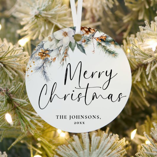 モダンGreenery Meerry Christmas Family写真 メタルオーナメント (インサイチュ)