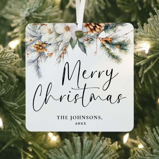 モダンGreenery Meerry Christmas Family写真 メタルオーナメント (インサイチュ)