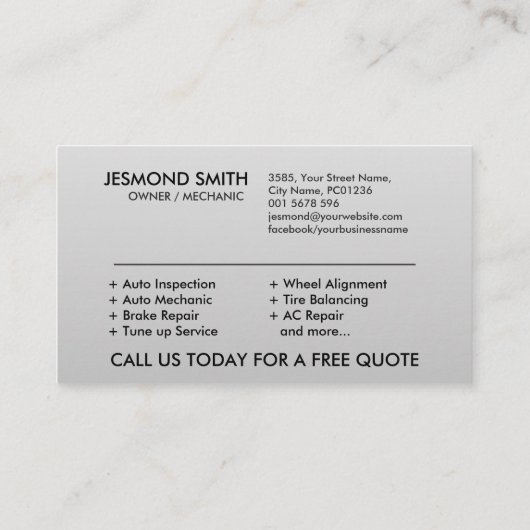 モダンGreyscale整備士車の修理アイコン 名刺 (裏面)