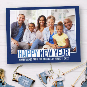 モダンHappy New Year Family Photo Blue ポストカード