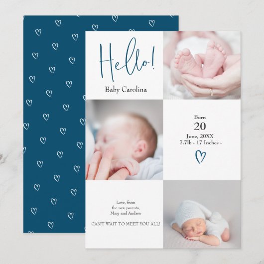 モダンhello blue white 3枚ベビー誕生 案内状 (正面/裏面)