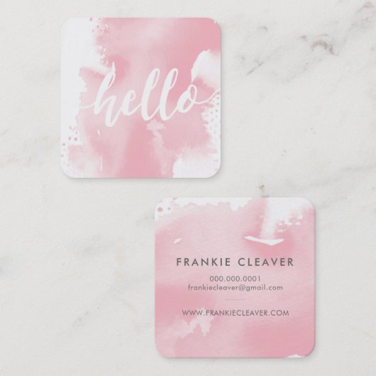 モダンHELLO SCRIPT水色芸術品を気取った赤面ピンク スクエア名刺 (正面/裏面)