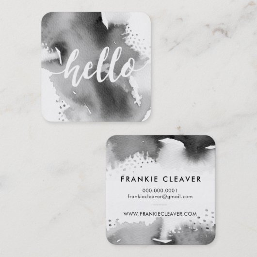 モダンHELLO SCRIPT水芸術品を気取った色スプラッシュグレー スクエア名刺 (正面/裏面)