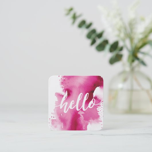 モダンHELLO SCRIPT水芸術品を気取った色スプラッシュピンク スクエア名刺 (スタンド正面)