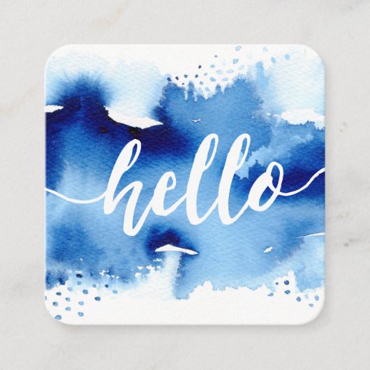 モダンHELLO SCRIPT水芸術品を気取った色スプラッシュブルー スクエア名刺 (正面)