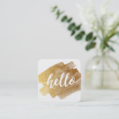 モダンHELLO SCRIPT LUXE金ゴールドブラシストローク スクエア名刺 (スタンド正面)