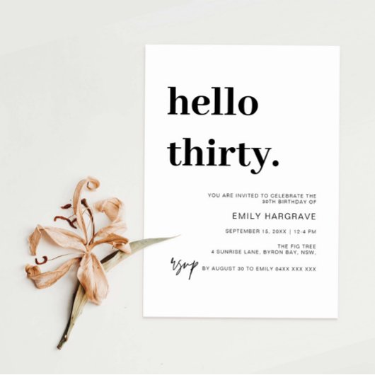 モダンHello Thirty 30 Birthday Party Invitation 招待状