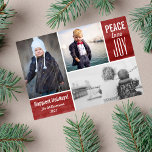 モダンHoliday Red Peace Love Joy Photo Collage シーズンカード<br><div class="desc">このモダン「Happiest Holidays」カードには、3枚の写真、「Peace Love Joy」の言葉とカスタマイズHoliday Red Waterの背景に文字を設定した写真が含まれている。自分の休暇メッセージを背面に追加する。まモダンたシンプルトレンディーも洗練され、家族の休日のクリスマスカードを完璧にする。下のColorfulgalshopロゴの他の写真クリックカードを確認する。</div>