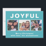 モダンJoyful Christmas 鮮やか Blue Photo Collage シーズンカード<br><div class="desc">この三モダンつの写真の休日の挨拶は、大きな喜びの白いタイプと青い背景にあなたの名前とメリークリスマスグリーティング鮮やかを特徴とする。このトレンディーカードの裏は白無地のい。</div>
