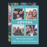 モダンJoyful Christmas Blue Photo Collage シーズンカード<br><div class="desc">この5つのモダンフォトホリデーの挨拶は、大きな喜びのタイプと美しい青い背景にあなたの名前を付けたメリークリスマスの挨拶を特徴とする。前面にシンプル4枚の写真コラージュがあり、このトレンディーカードの背面に1枚のフルフォトがある。</div>