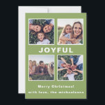モダンJoyful Christmas Green Photo Collage シーズンカード<br><div class="desc">この5つのモダンフォトホリデーの挨拶は、大きな喜びのタイプと明るい緑の背景にあなたの名前を付けたメリークリスマスグリーティングを備えているフェスティバル。前面にシンプル4枚の写真コラージュがあり、このカラフルトレンディーカードの背面に1枚のフルフォトがある。</div>