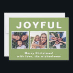 モダンJoyful Christmas Green Photo Collage シーズンカード<br><div class="desc">この三モダンつの写真の休日の挨拶は、大きな喜びのタイプと陽気な緑の背景にあなたの名前とメリークリスマスの挨拶を特徴とする。このトレンディーカードの裏は白無地のい。</div>