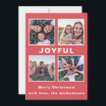 モダンJoyful Christmas Red Photo Collage シーズンカード<br><div class="desc">この5つのモダンフォトホリデーの挨拶は、大きな喜びのタイプとフェスティバルの赤い背景にあなたの名前を付けたメリークリスマスグリーティングを特徴とする。正面にシンプル4枚の写真コラージュがあり、カードの背面に1枚の写真が収められている。</div>