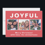 モダンJoyful Christmas Red Photo Collage シーズンカード<br><div class="desc">この三モダンつの写真の休日の挨拶は、大きな喜びの白いタイプとフェスティバルの赤い背景にあなたの名前を付けたメリークリスマスグリーティングを特徴とする。このトレンディーカードの裏は白無地のい。</div>