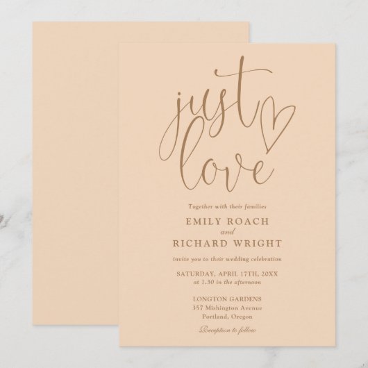 モダンJust Love Script Soft Peach 結婚's 招待状 (正面/裏面)