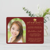 モダンMaroon Graduationのフォト金ゴールドキャップスクリプト 案内状 (スタンド正面)