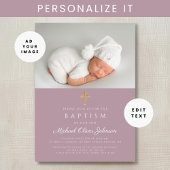 モダンMauve宗教的なクロス写真バプテスマ 招待状