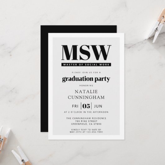 モダンMSW社会福祉修士卒業 招待状 (正面/裏面インサイチュ)