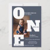 モダンONE first birthday photo dark dusty blue 招待状 (正面)