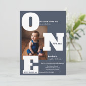 モダンONE first birthday photo dark dusty blue 招待状 (スタンド正面)