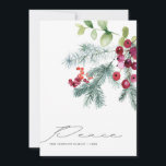 モダンPeace Winter Greeneryの写真 シーズンカード<br><div class="desc">水モダン色の冬の緑と赤い果実とホリデーカード。手書きの「平和」とクラシックフォント。写真とお気に入りのメッセーカスタマイズジを追加する。</div>