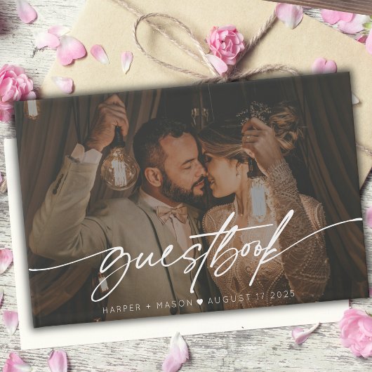 モダンPhotoエレガント Script Monogram結婚の ゲストブック