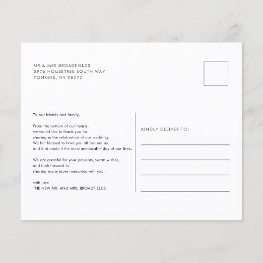 モダンPhoto Scriptの結婚サンキューカード (裏面)