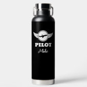 モダンPILOTタイポグラフィ飛行機 ブラック&ホワイト ウォーターボトル (正面)