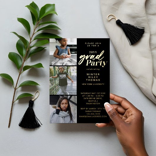 モダンPink Now & Then 3 Photo Graduation Party 箔招待状