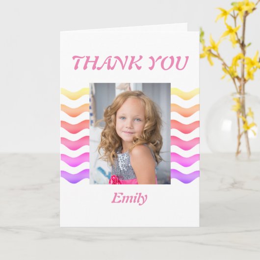 モダンPink Wavesガーリー誕生日写真ありがとう カード (黄色い花)
