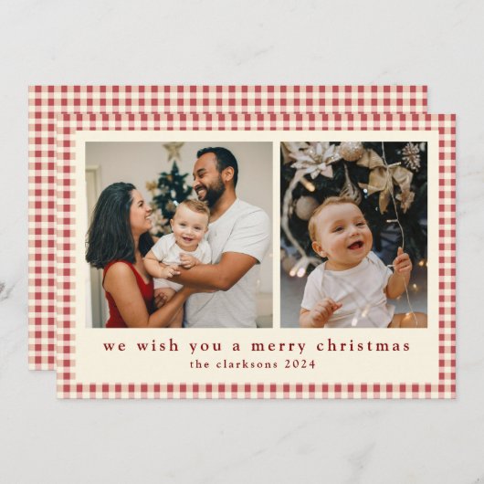 モダンPlaid Greenery写真メリークリスマス シーズンカード (正面/裏面)