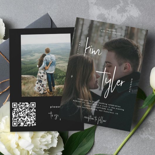 モダンQRコードスクリプト名2枚の写真の結婚式 招待状