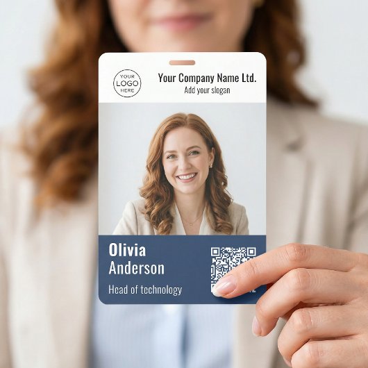 モダンQRコード企業写真付きID 青 バッジ