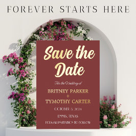 モダンQRコード写真ワインバーガンディスクリプトウェディング 箔招待状