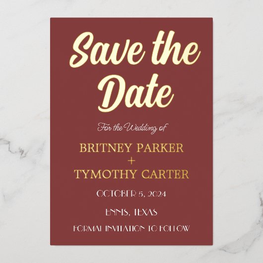 モダンQRコード写真ワインバーガンディスクリプトウェディング 箔招待状 (正面)