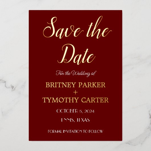 モダンQRコード写真書道バーガンディー結婚式 箔招待状 (正面)