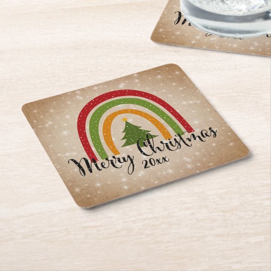 モダンRainbow Christmas Tree 20xx Add Year スクエアペーパーコースター (アングル)