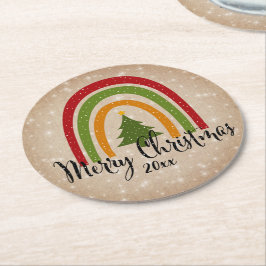 モダンRainbow Christmas Tree 20xx Add Year ラウンドペーパーコースター