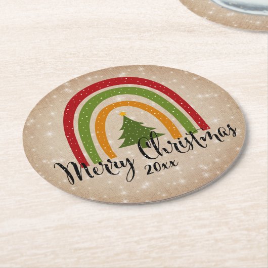 モダンRainbow Christmas Tree 20xx Add Year ラウンドペーパーコースター (アングル)