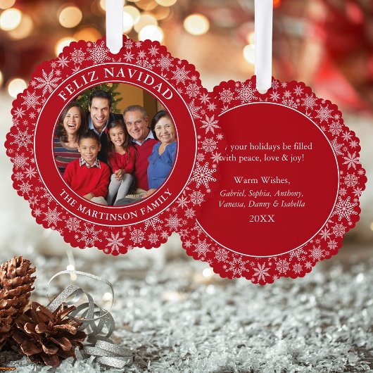モダンRed Feliz Navidad写真 オーナメントカード