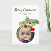 モダンRed Santa Hat Pine Merry Christmas写真 シーズンカード (正面)