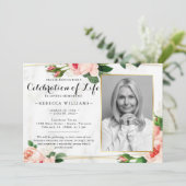 モダンRosy赤面フローラ写真お祝いof life 招待状 (スタンド正面)