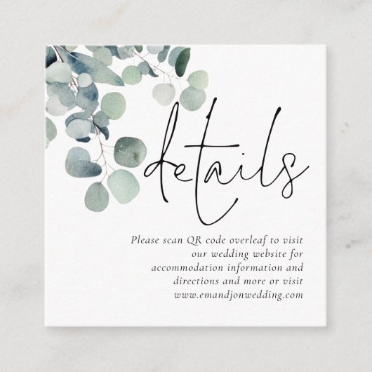 モダンSage Eucalyptus QRコードの結婚詳細 エンクロージャーカード (正面)