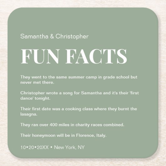 モダンSage Greenのカスタムおもしろいファクトのリ結婚スト スクエアペーパーコースター (正面)