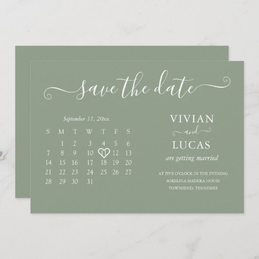 モダンSage Greenカレンダー予算 招待状 (正面/裏面)