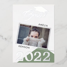 モダンSage Green卒業生2写真卒業 箔招待状