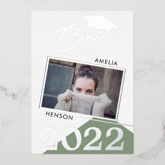 モダンSage Green卒業生2写真卒業 箔招待状 (正面)