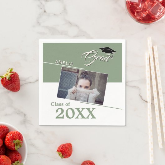モダンSage Green大学院写真卒業パーティー スタンダードカクテルナプキン (インサイチュ)
